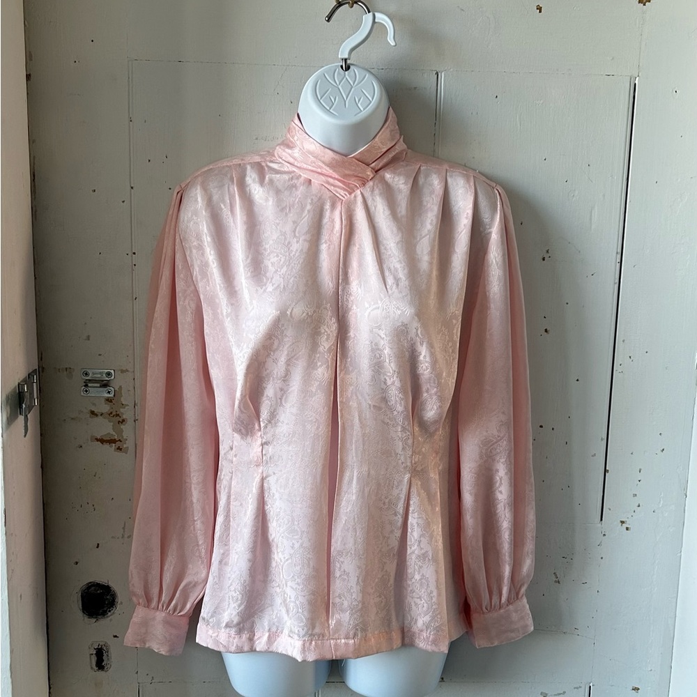 Vintage JL Plum Silky Damask Shell Pink High Neck Blouse